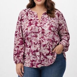 Pure Energy Womens Plus 2X Abstract Floral Blouse Pink Purple Split Neck Tunic